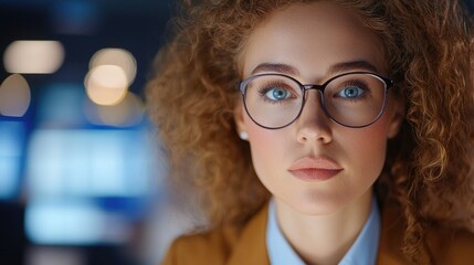 Serious Young Woman with Glasses in Modern Office Setting