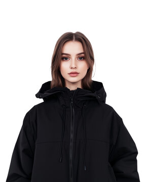 medium long shot of woman wearing windrunner jacket, isolated on transparency background, showcasing confident and stylish expression