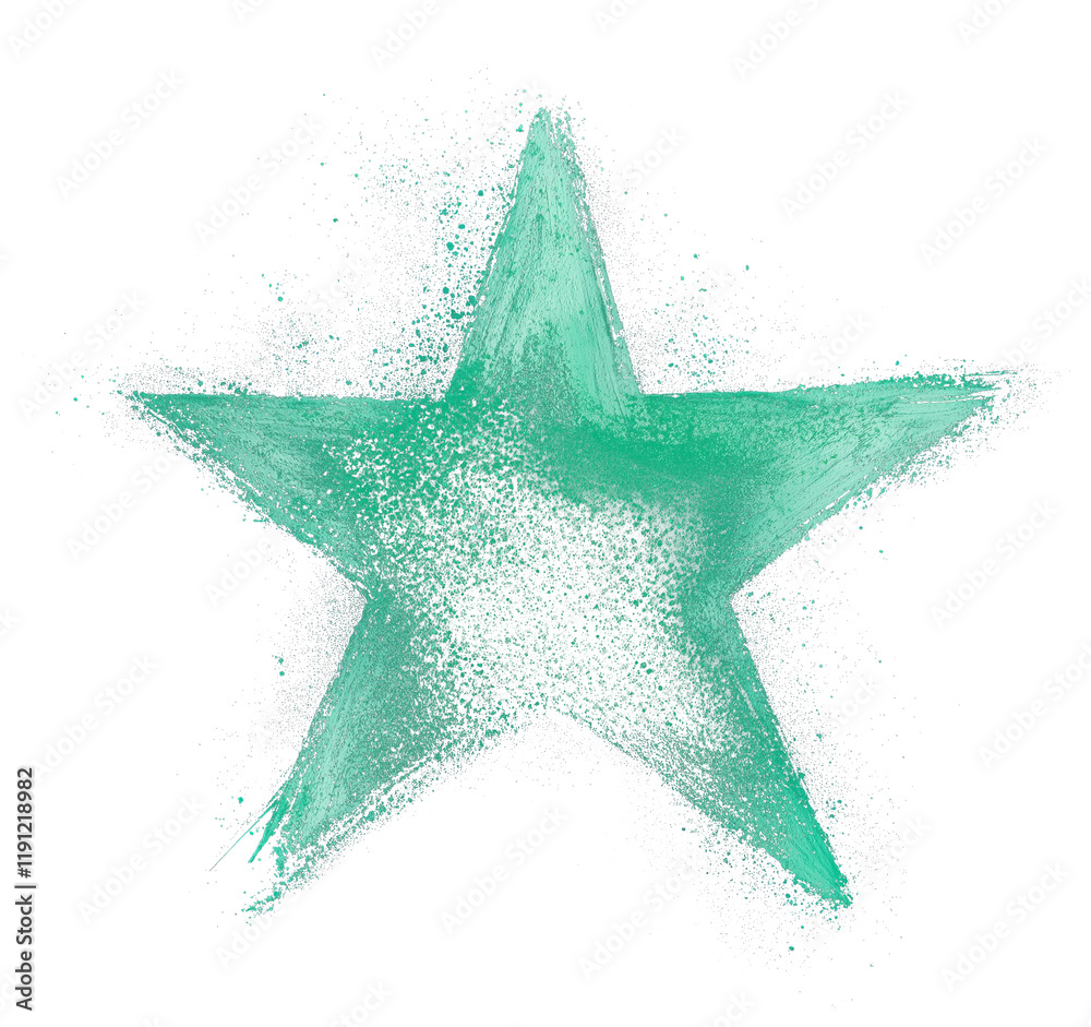 Poster mint green star painted with soft and minimal strokes, surrounded by textured splatter effect on transparency background, creating modern and artistic design