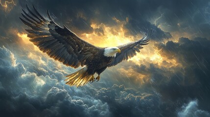 Obraz premium Majestic eagle soars through stormy, golden clouds.