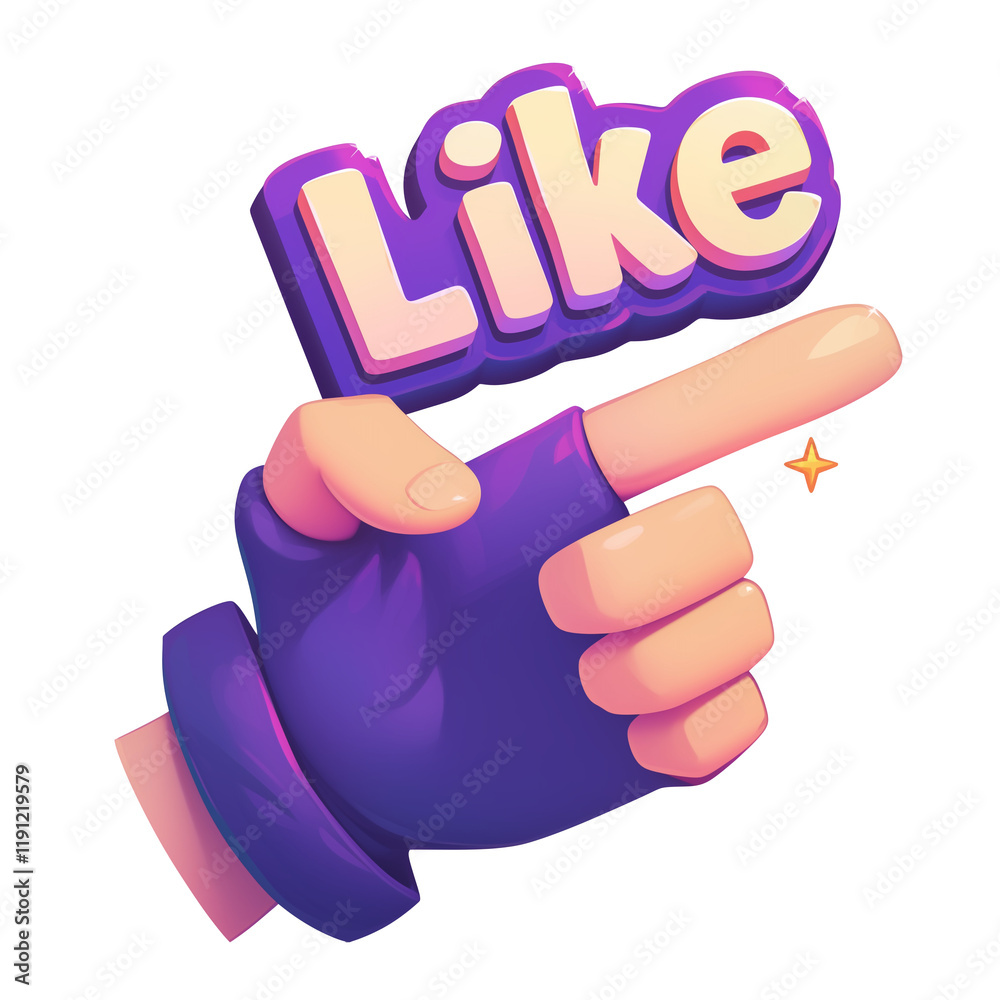 Poster vibrant purple like icon featuring pointing hand with sparkling accent, isolated on transparency bac