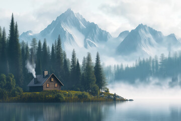 Fototapeta premium Idyllische Berghütte am See mit rauchendem Kamin in majestätischer Natur