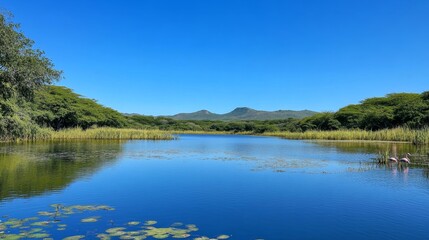 Serene Lakeside Landscape with Flamingos