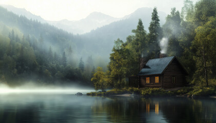 Fototapeta premium Idyllische Berghütte am See mit rauchendem Kamin in majestätischer Natur