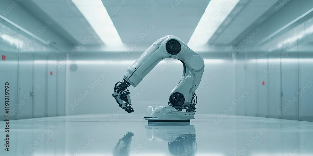 Poster sleek robotic arm in clean, minimal industrial setting, showcasing advanced technology and precision