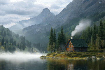 Obraz premium Idyllische Berghütte am See mit rauchendem Kamin in majestätischer Natur
