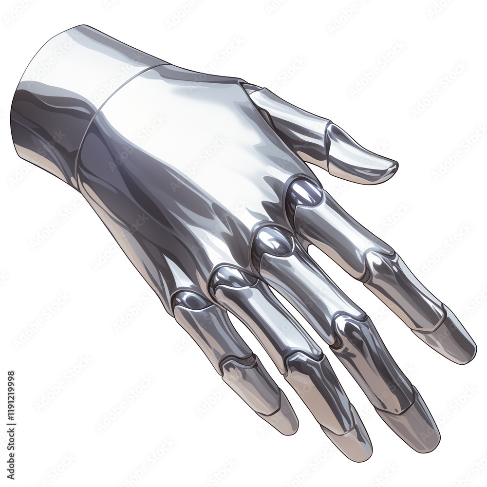 Poster shiny, polished platinum robotic hand with sleek and futuristic design, showcasing smooth metallic j