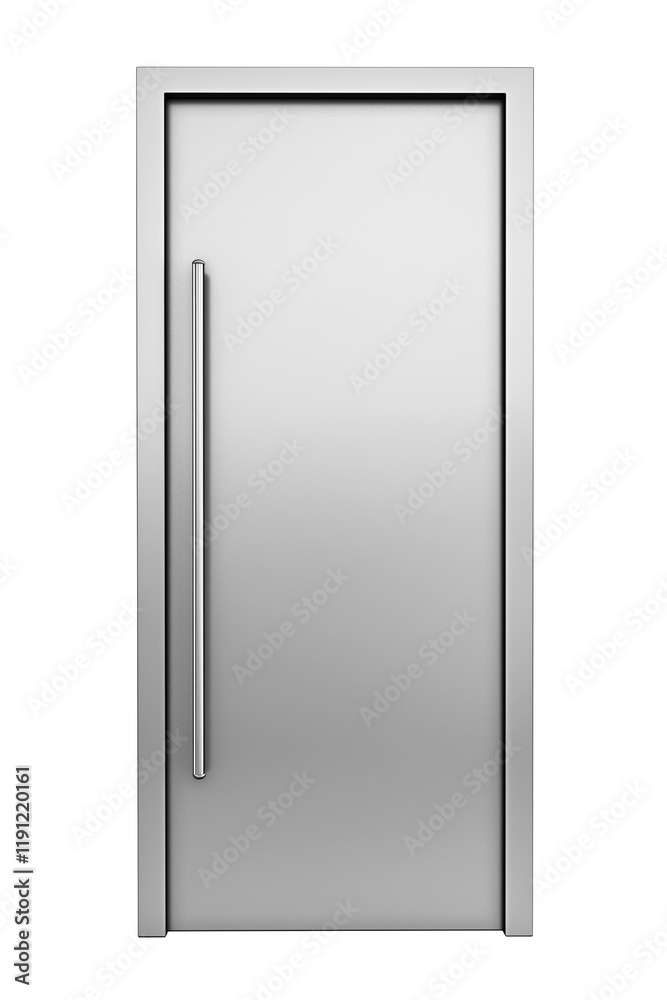 Poster Modern silver sliding door with reflective surface and sleek handle, isolated on transparency background, showcasing minimalist and contemporary design