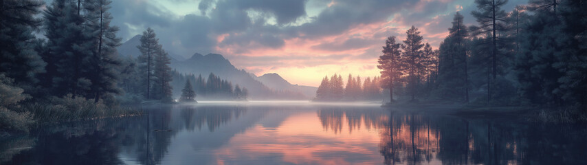 Fototapeta premium Friedliche Berglandschaft mit spiegelndem See und sanfter Dämmerung