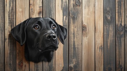 A black lab dog looking curiously through a wooden fence, with its glossy coat contrasting against the rustic texture