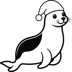 A seal wearing a Santa hat vector illustration, A seal wearing a Santa hat silhouette vector, A seal wearing a Santa hat line art vector design