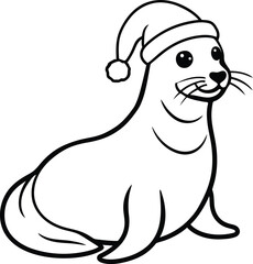 A seal wearing a Santa hat vector illustration, A seal wearing a Santa hat silhouette vector, A seal wearing a Santa hat line art vector design