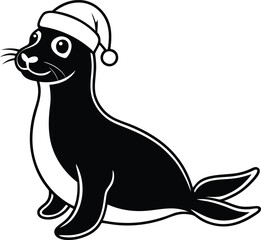 A seal wearing a Santa hat vector illustration, A seal wearing a Santa hat silhouette vector, A seal wearing a Santa hat line art vector design