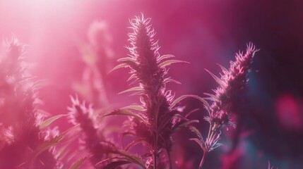 Pink hued cannabis plants bathed in sunlight
