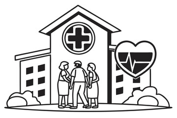 Icon design, healthcare community, group of people, heart symbol, medical cross, black and white illustration, minimalist graphic, social care concept, unity in healthcare, simplified human figures, g