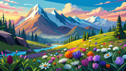 Breathtaking alpine landscape with vibrant wildflowers in the foreground and majestic mountains behind. Created by AI tools © williamnoah