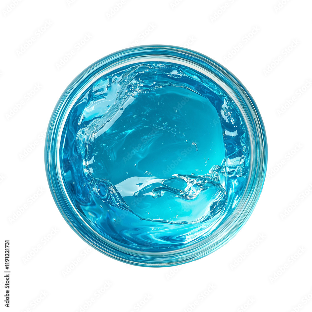 Poster Top view of light blue gel with smooth texture in round container, isolated on transparency background. gel appears glossy and vibrant, evoking refreshing and hydrating feel