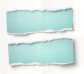 Fototapeta premium Two pieces of ripped paper with lined texture on white background. Papers light teal color, torn edges. Blank paper pieces with copy space. Useful for design elements, illustrations, notebooks,