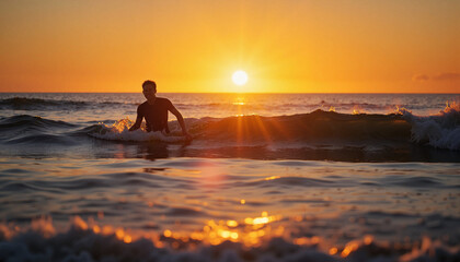 Fototapeta premium Surfer enjoying sunset waves at beach, blissful adventure