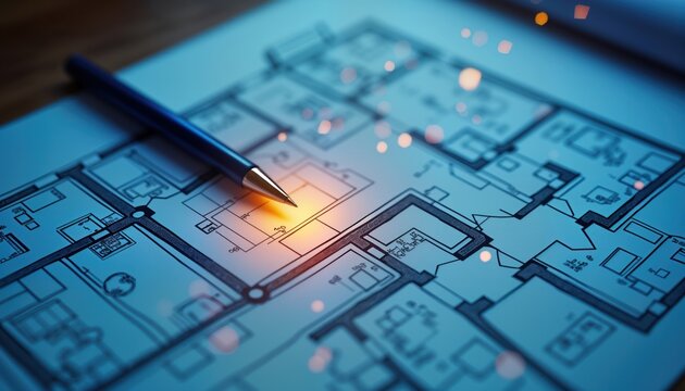 Detailed blueprint of house plan highlighted with pen. Architecture project management with focus on efficient workflow, enhanced productivity. Business plan operations optimization for project