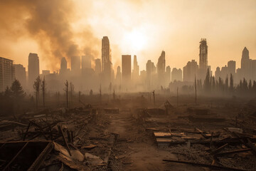 city skyline shrouded in thick smog and ash, with charred ruins and barren trees in foreground, evoking post apocalyptic atmosphere