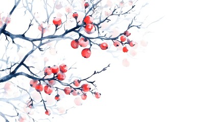 Watercolor painting of winter branches with red berries