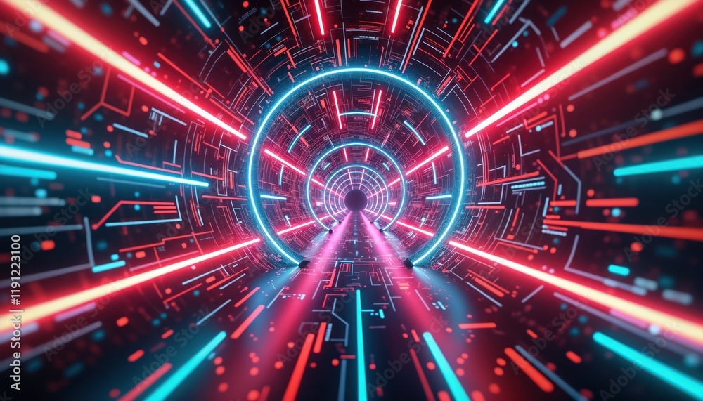 Poster futuristic tunnel with vibrant neon light patterns. electric lines form tech-design kaleidoscope. my