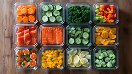 Freshly prepared healthy meal prep containers arranged neatly on a wooden surface, showcasing a variety of colorful ingredients.