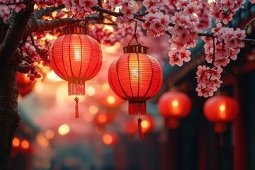Obraz premium Lanterns Hanging Among Cherry Blossoms Illuminating a Serene Evening with a Warm Glow in an Asian-inspired Landscape