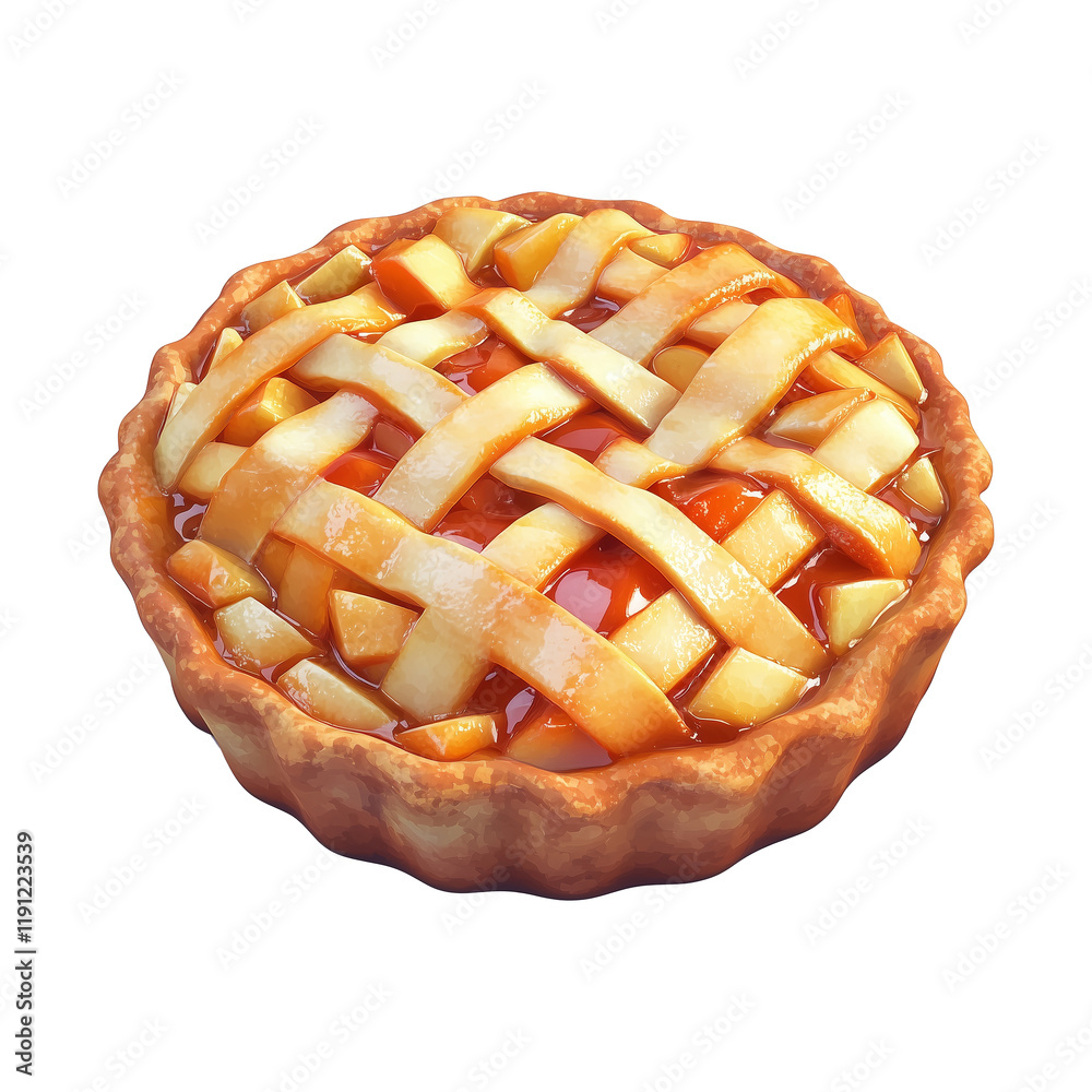 Poster delicious 3D rendered apple pie with golden lattice crust, isolated on transparency background, showcasing its glossy filling and realistic texture