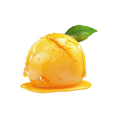 Delicious mango sorbet scoop with glossy texture, drizzled with syrup and garnished with fresh green leaf, isolated on transparency background