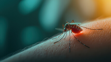 Aedes aegypti mosquito feeding on human skin, highlighting bite
