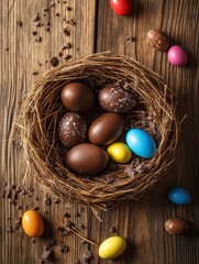 Obraz premium Chocolate Nest of Easter Eggs: A whimsical nest brimming with chocolate Easter eggs, surrounded by colorful, painted eggs and chocolate shavings, offering a delectable and festive visual treat. 