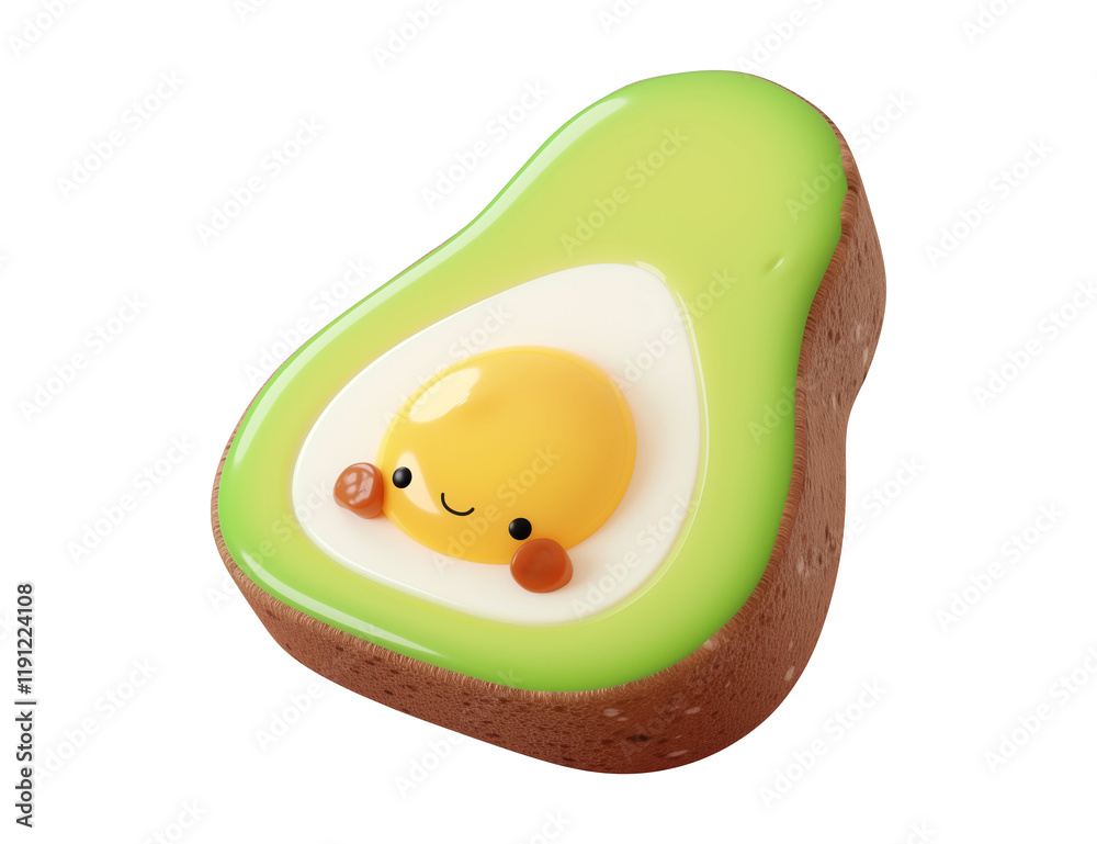 Poster cute 3d cartoon avocado toast with smiling egg yolk on transparency background
