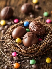Obraz premium Chocolate Easter Eggs in Nest: Three decadent chocolate Easter eggs nestled in a rustic bird's nest, surrounded by colorful candy and chocolate shavings on a rich wooden surface.