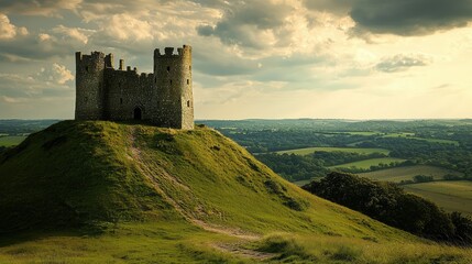 Ancient Castle on Hilltop Overlooking Scenic Green Landscape