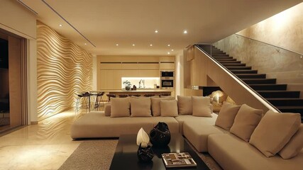 Luxurious modern living room interior with elegant furniture and soft lighting. Home and interior design concept