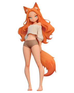 3D cartoon character of female fox human hybrid with long orange hair, fox ears, and bushy tail, wearing white cropped top and brown shorts, standing confidently
