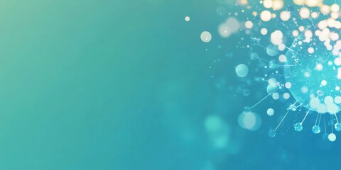 Abstract composition of glowing blue and white particles resembling a microscopic or molecular structure on a gradient turquoise background