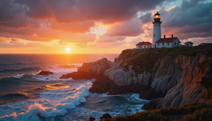 Lighthouse illuminating vibrant sunset over crashing waves, coastal serenity