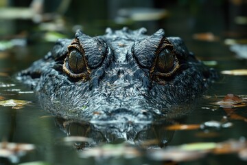 Obraz premium Close-up of a crocodile's eyes and snout emerging from calm water in a dense, green jungle environment