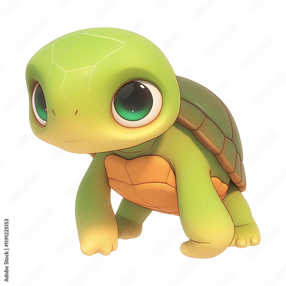 Poster cute 3d cartoon turtle with green shell and big expressive eyes, isolated on transparency background