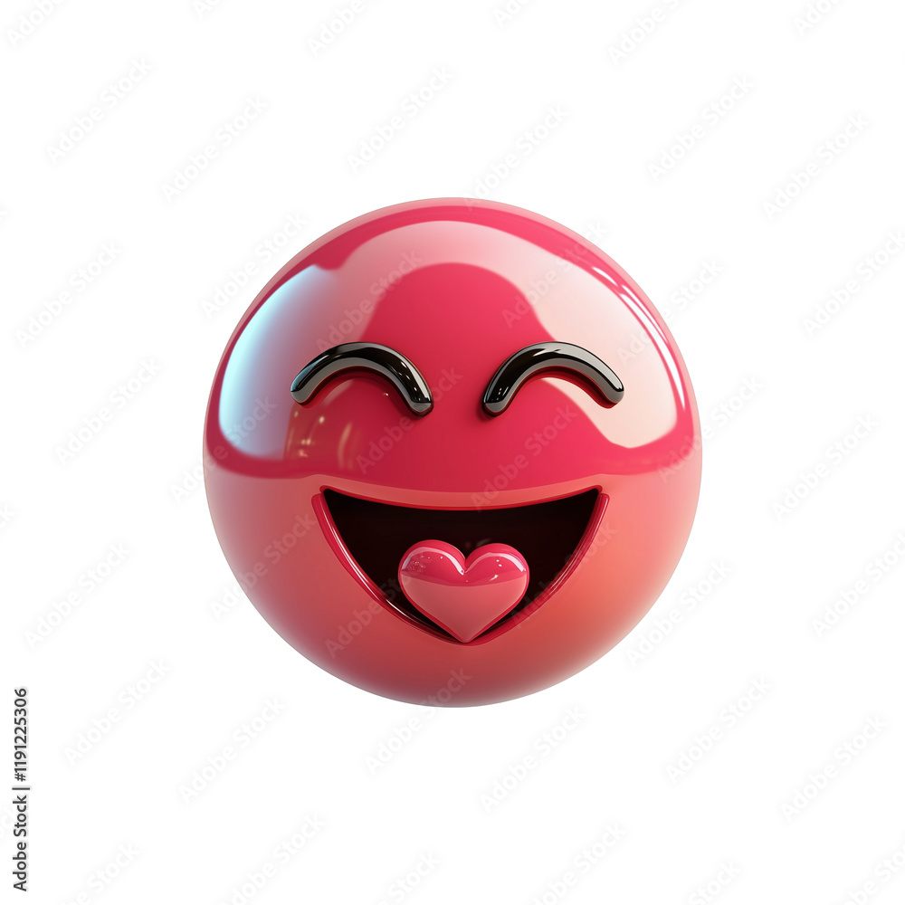 Poster 3d pink emoji with radiant glossy finish, featuring joyful expression with heart shaped lips and clo