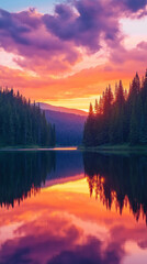 Fototapeta premium Sonnenuntergang über einem ruhigen See mit Spiegelung und Bäumen am Ufer