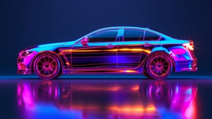 Schematic design of a contemporary passenger car featuring vivid fluorescent lines and details