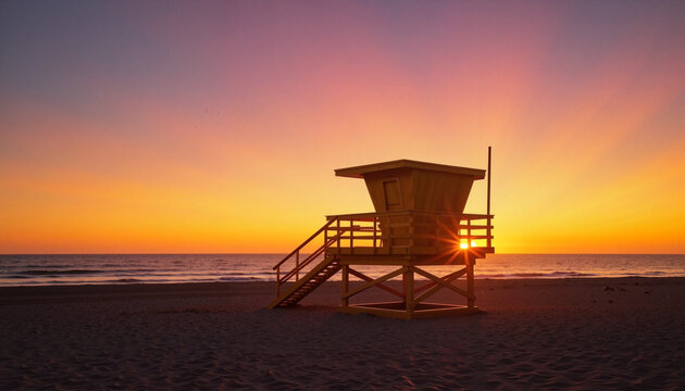 Vibrant lifeguard tower at sunset by the beach, coastal serenity - Powered by Adobe