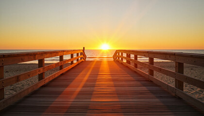 Tranquil sunset over wooden pier at beach, peaceful serenity