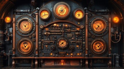 Elegant steampunk control panel featuring polished brass gauges and vintage design elements for retro styling