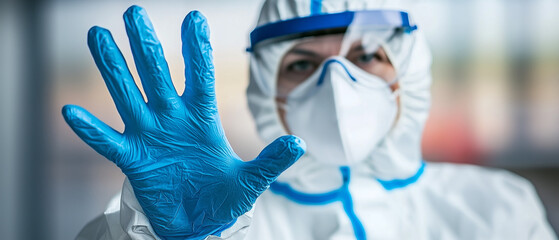 healthcare professional in full protective gear, including mask, gloves, and hazmat suit, raises gloved hand, emphasizing safety and infection control in medical setting