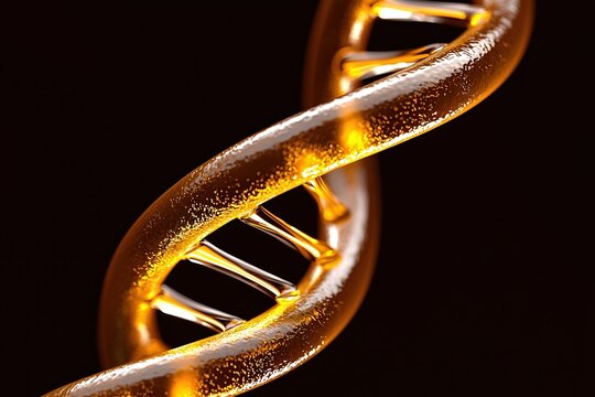 Close-up of a DNA helix illuminated with warm light, showcasing intricate molecular structure and beauty.